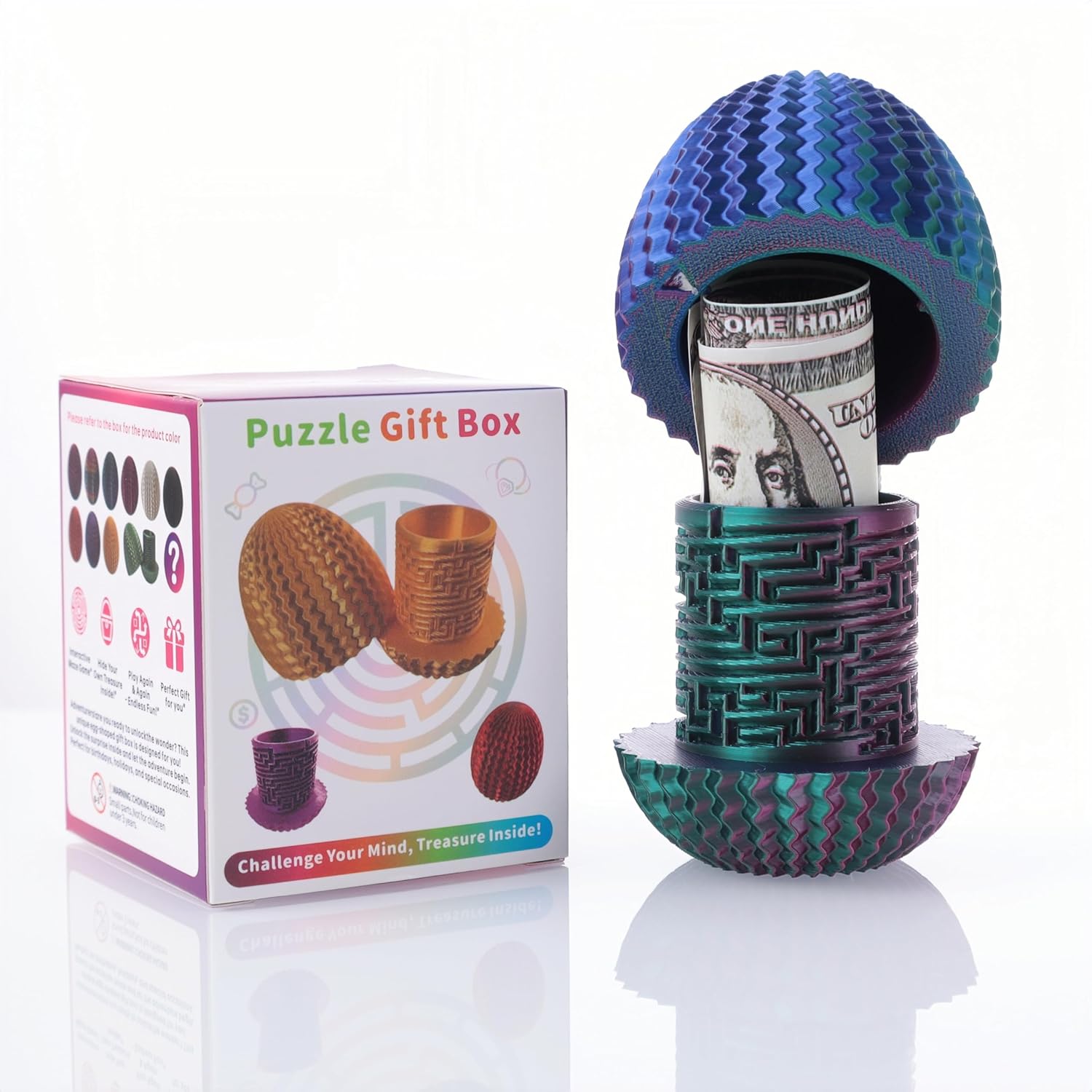 Yonaso Easter Egg Maze Money Puzzle Box front view showing the red and blue gradient textured exterior.