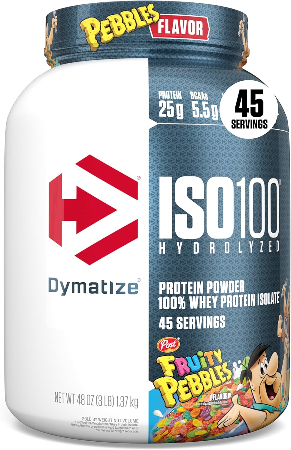 Dymatize ISO100 Fruity Pebbles front view of 45 serving tub