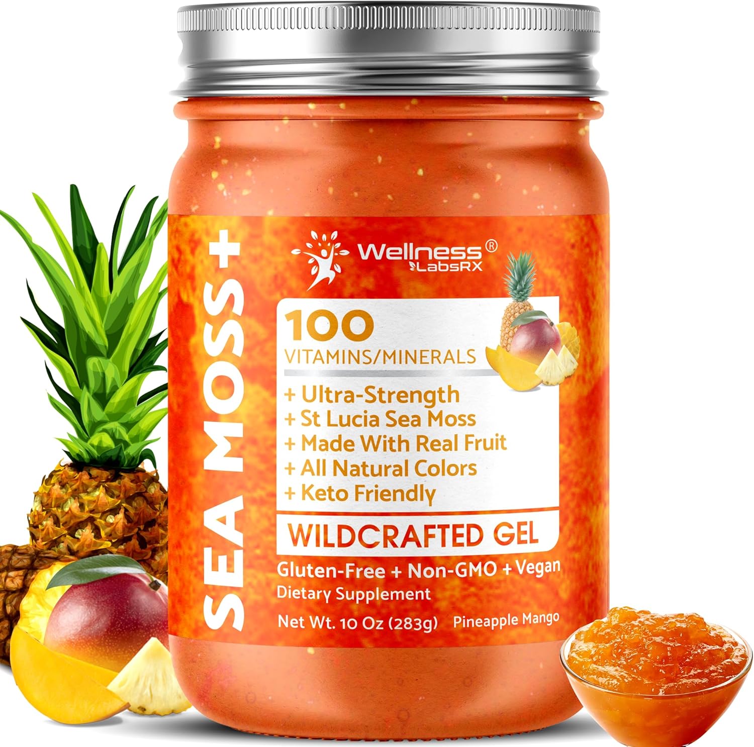 WELLNESS LABSRX Irish Sea Moss Gel Raw - Wildcrafted Superfood Seamoss Gel - Pineapple Mango Flavor, Vitamin and Mineral-Rich from Pristine Caribbean Waters - 10 oz. - Image 1