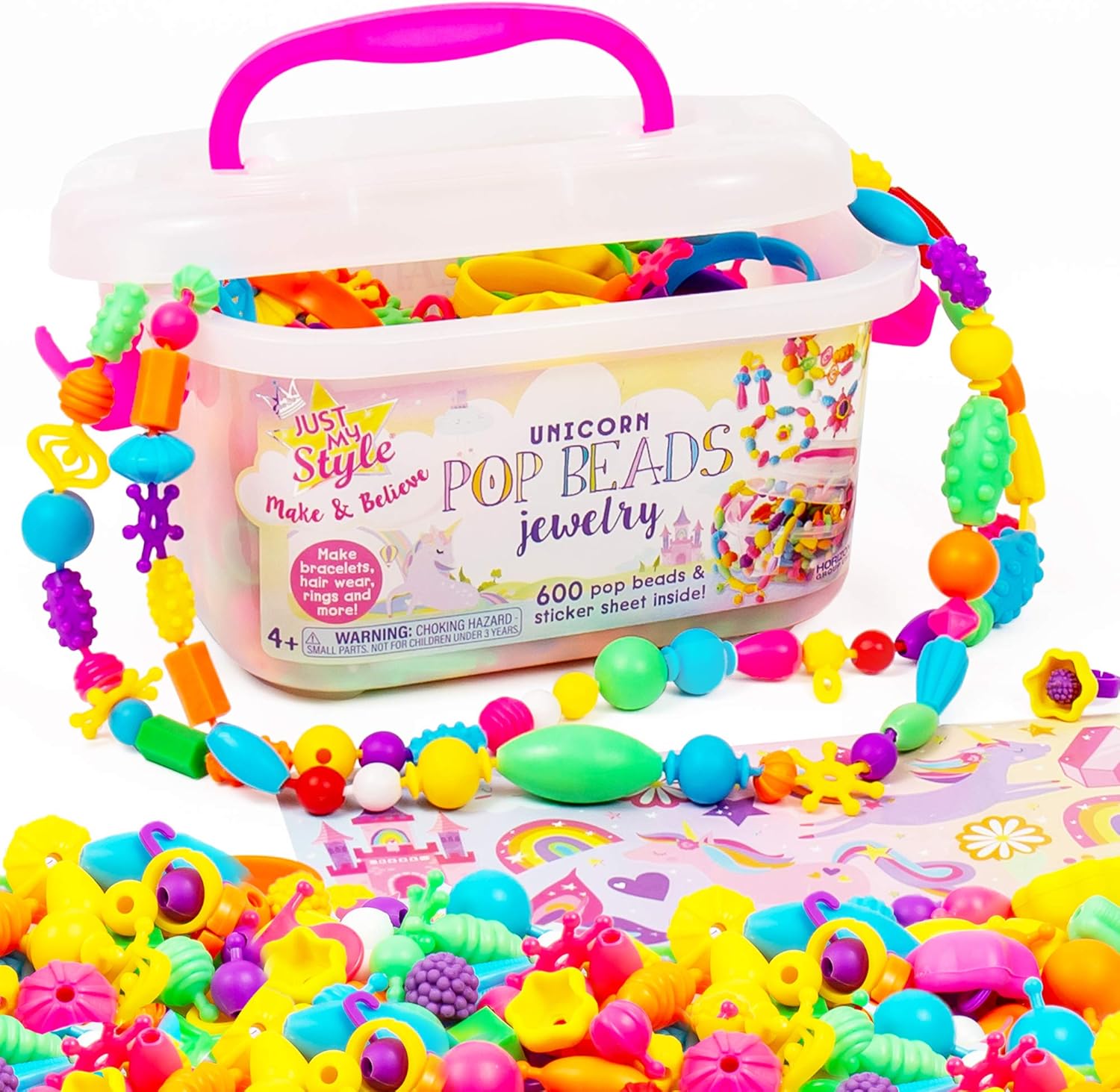 Just My Style Unicorn Pop Beads front view of packaging showing colourful snap together jewellery kit pieces.