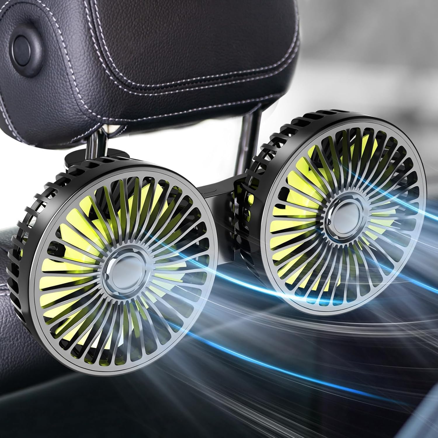 Dealswin dual head backseat car fan front view showing rotatable design and headrest clip mount.