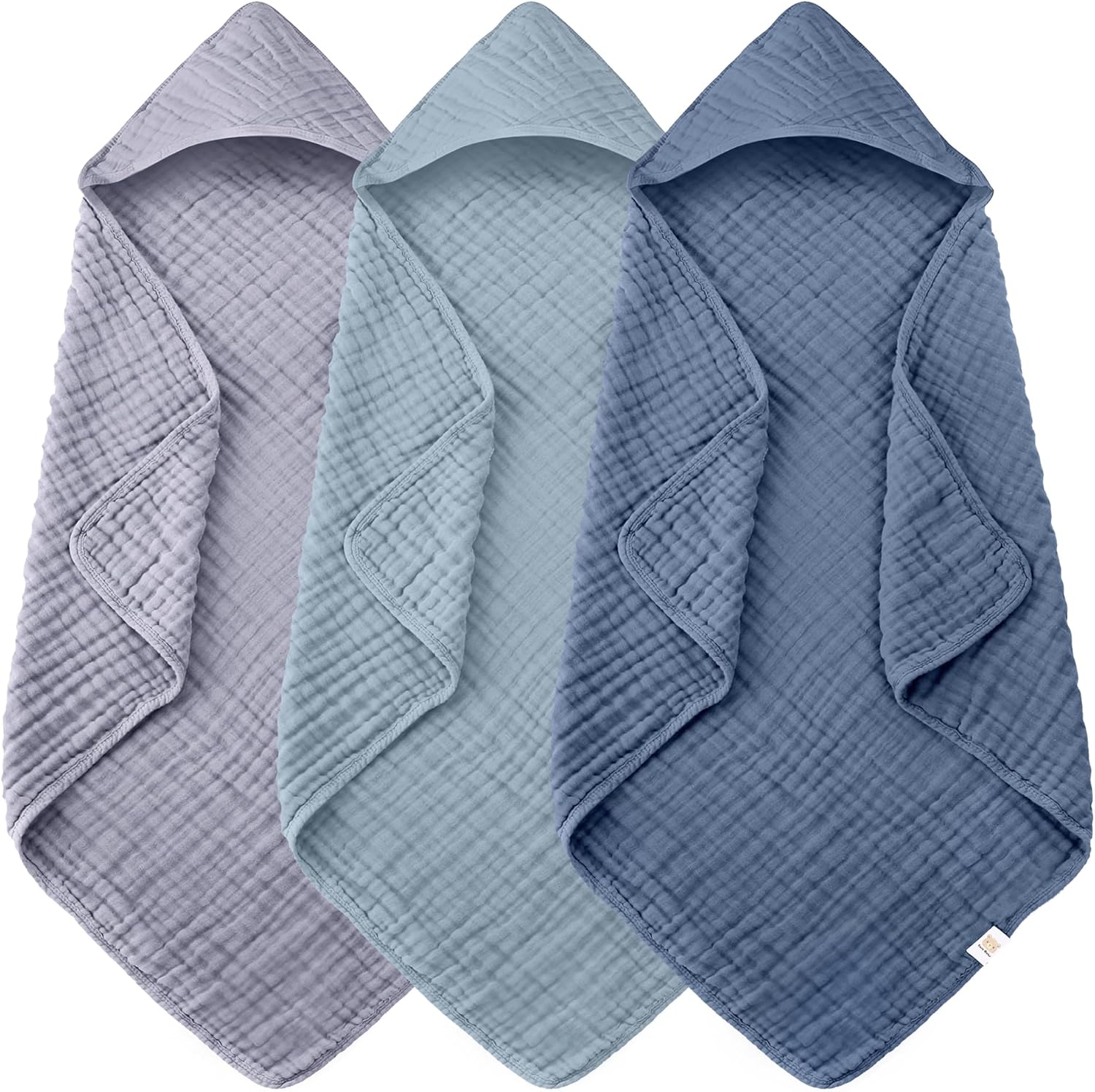 Ease Cubs 3-Pack Muslin Hooded Baby Towels in grey and navy blue front view