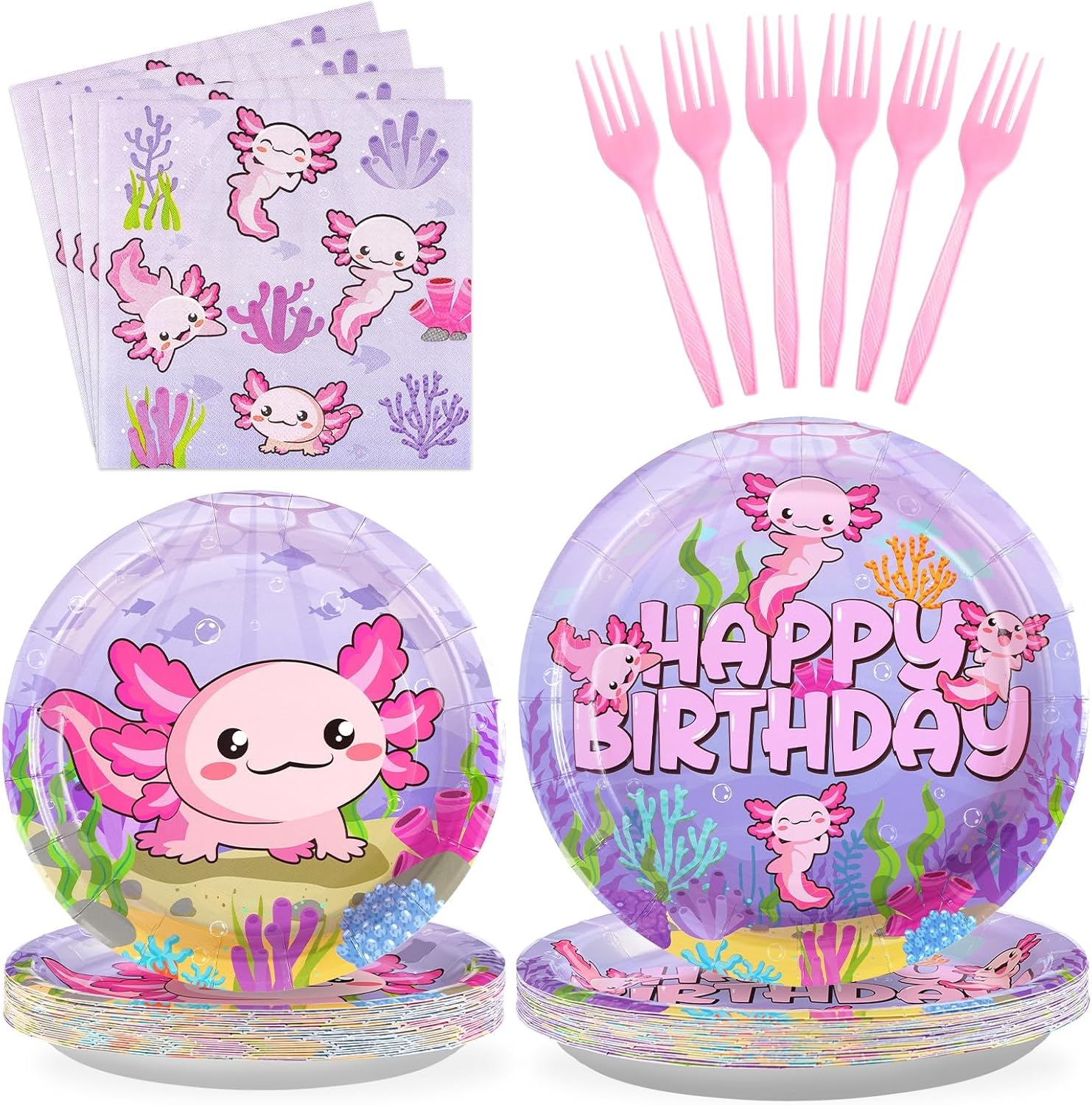 Grencian 96 piece axolotl party supplies set front view