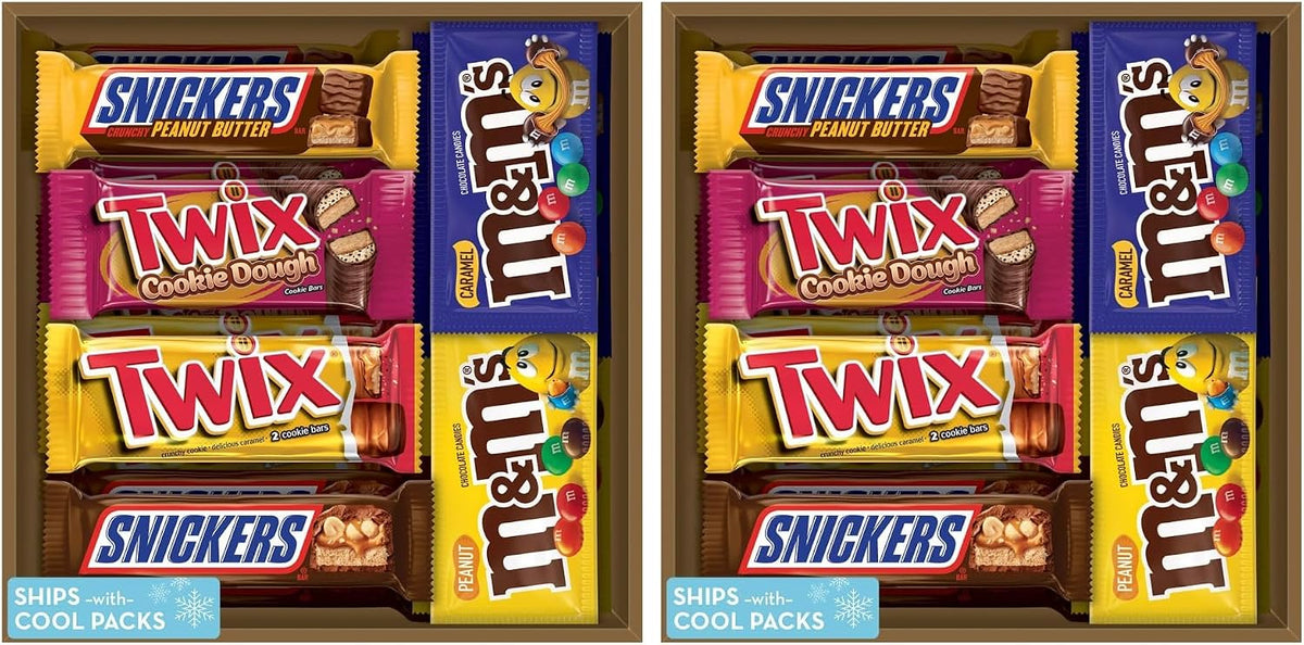 Colorful M&M'S chocolate candies poured out of the pouch onto a baking preparation surface.