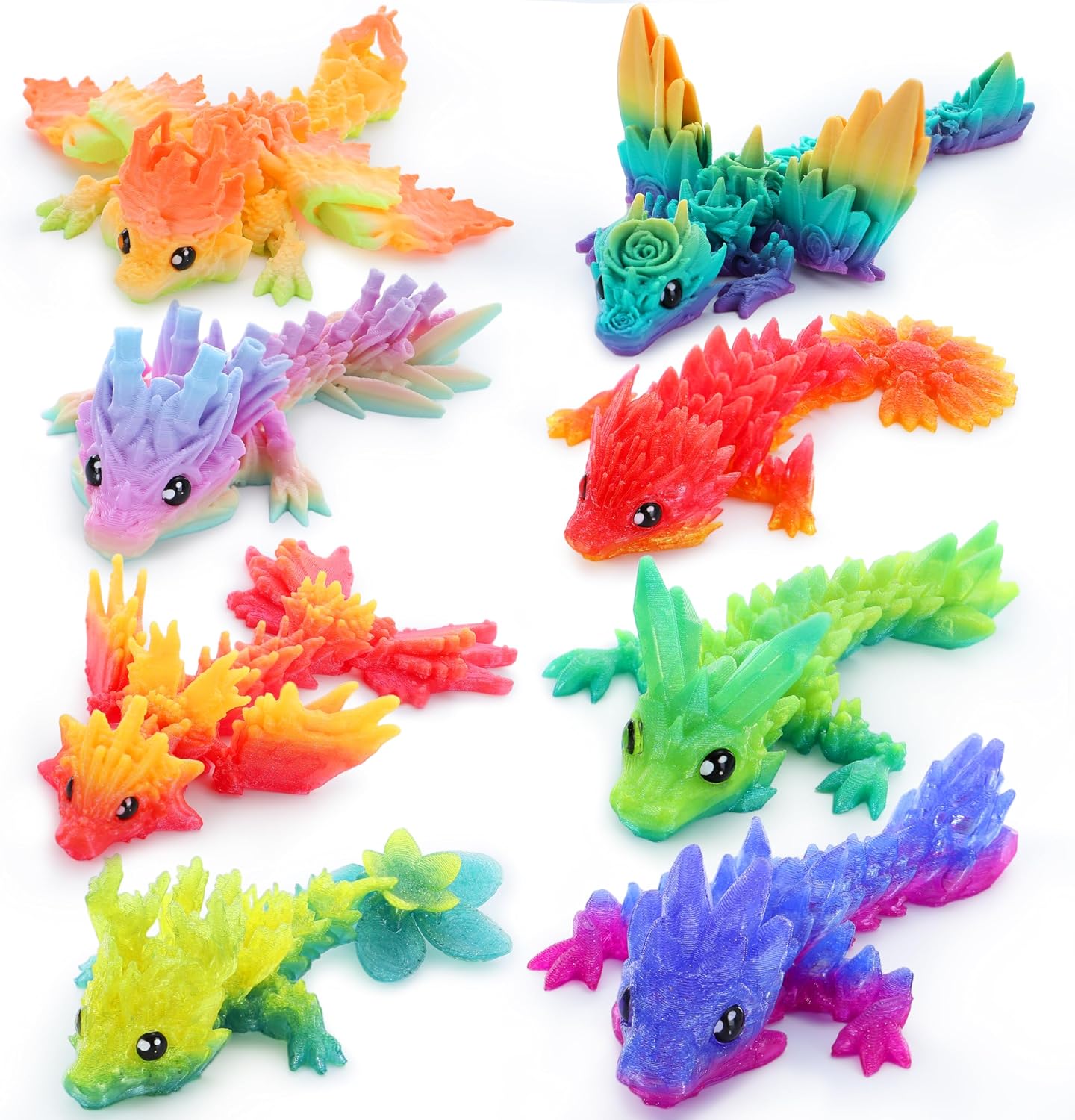 Joyin 8 Pieces 3D Printed Dragon set front view showing gradient colors