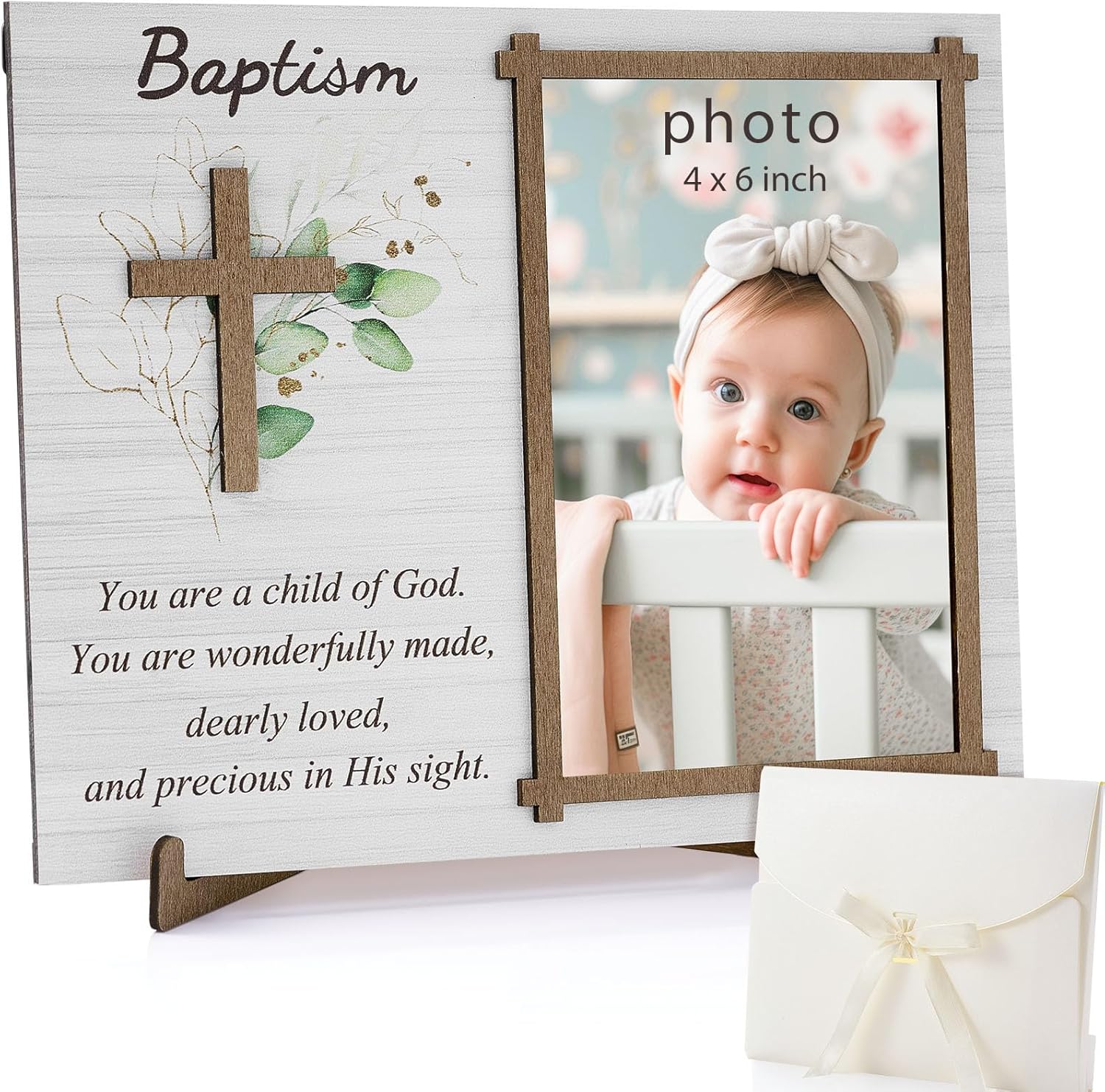 Wesiti baptism photo frame front view with cross design