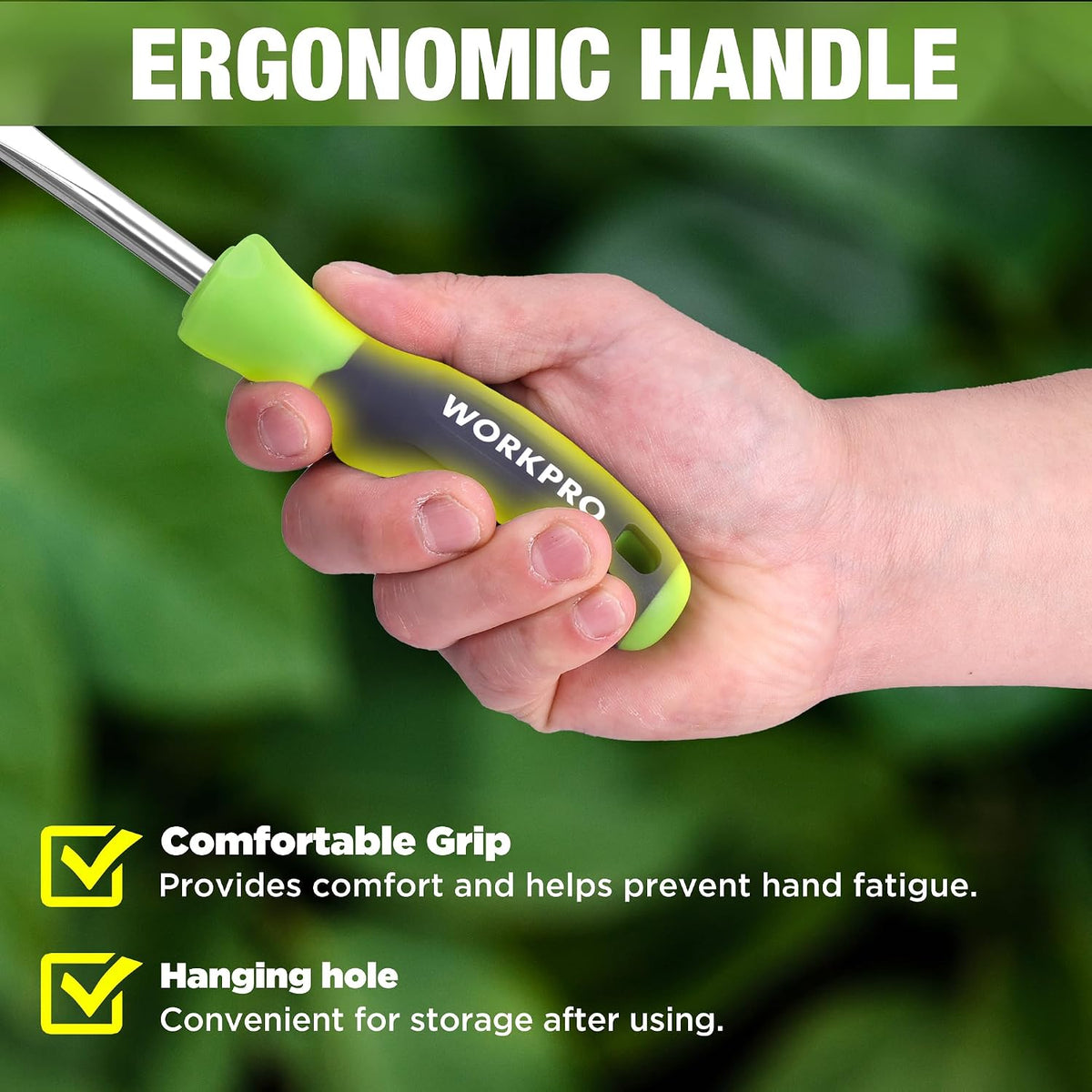WORKPRO sidewalk weed removal scraper showing ergonomic soft grip handle