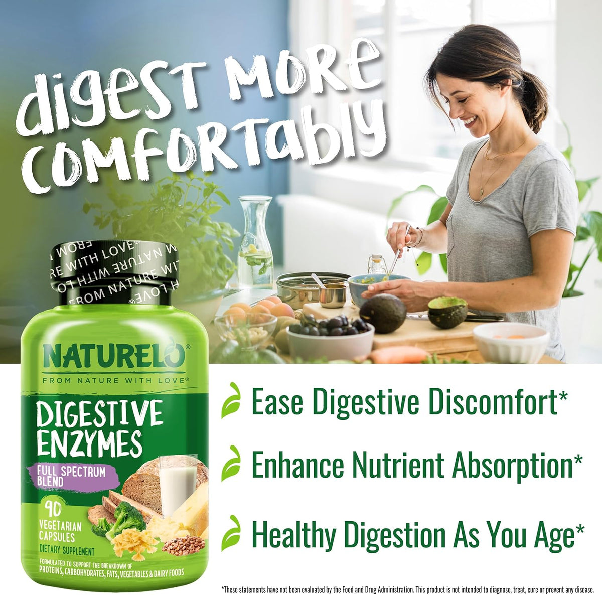 NATURELO Digestive Enzymes 90 vegan capsules bottle angled view
