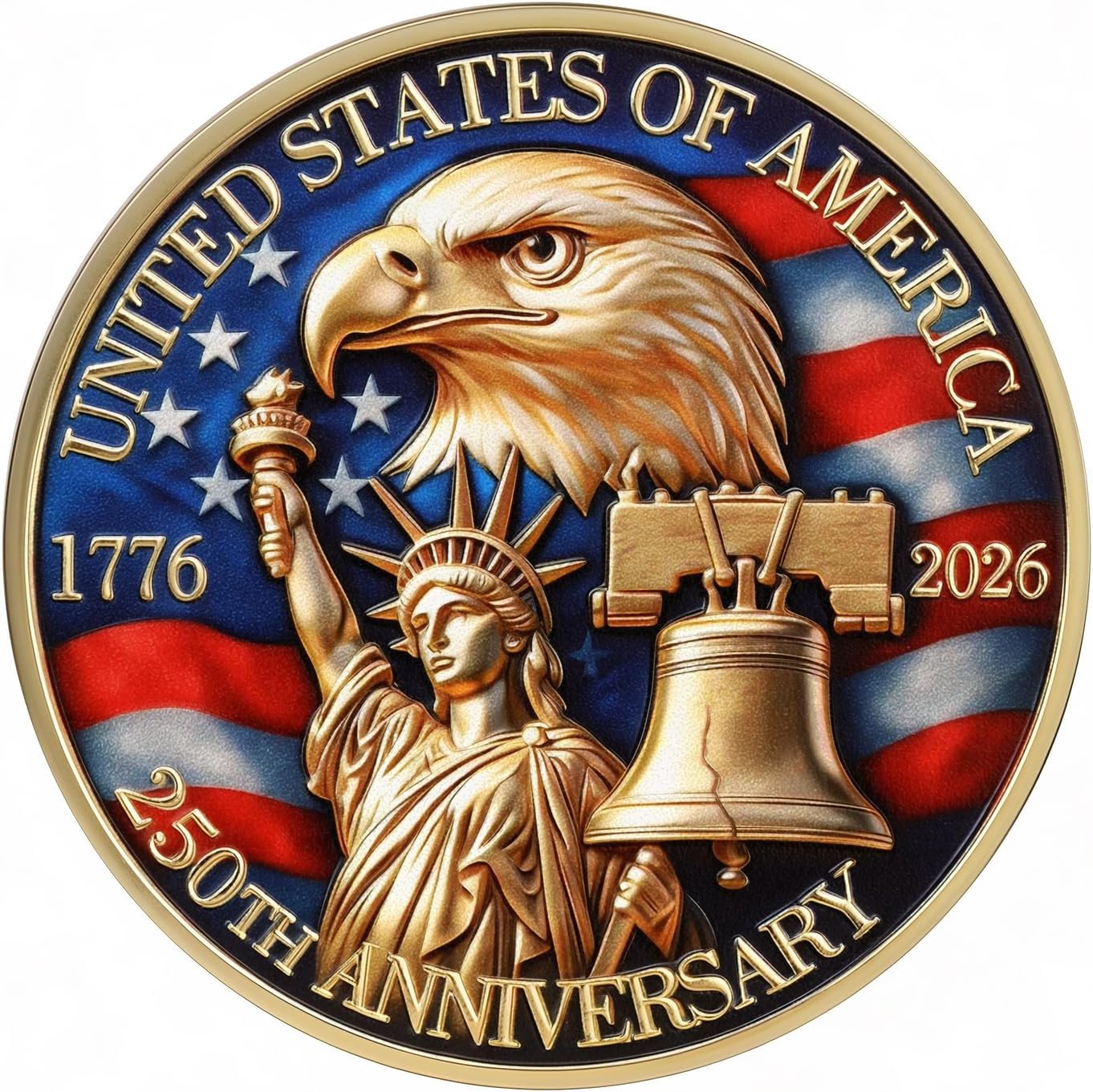 Touzanious USA 250th anniversary commemorative coin front view showing the liberty bell and eagle