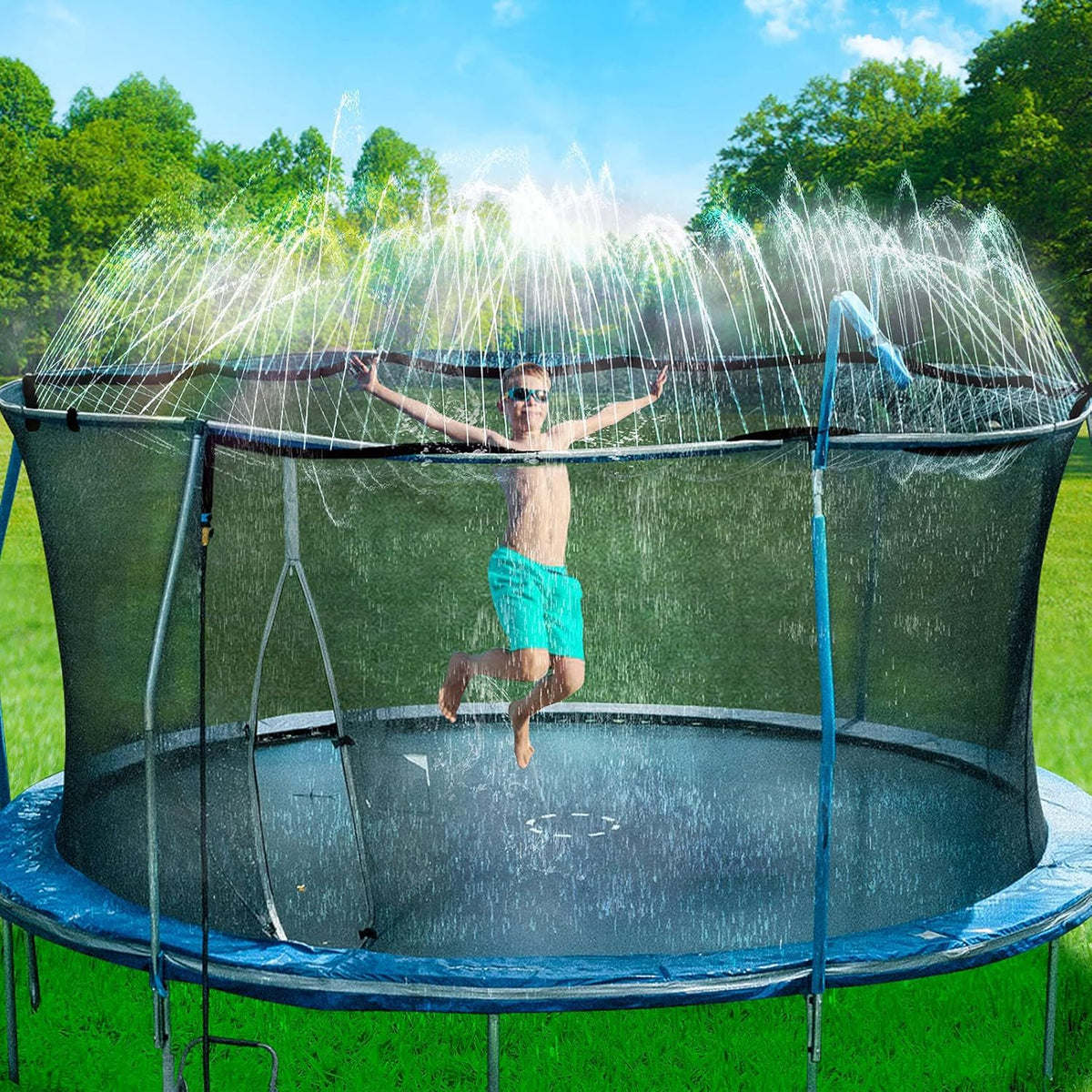 Bobor trampoline water sprinkler system front packaging view showcasing summer water park play setup.