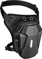 ISEYOU motorcycle leg bag front view showing the sleek black EVA hard shell design.