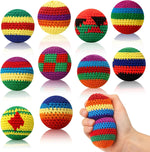Leyndo knitted hacky kickball sacks front view showcasing ten colorful crochet juggling balls