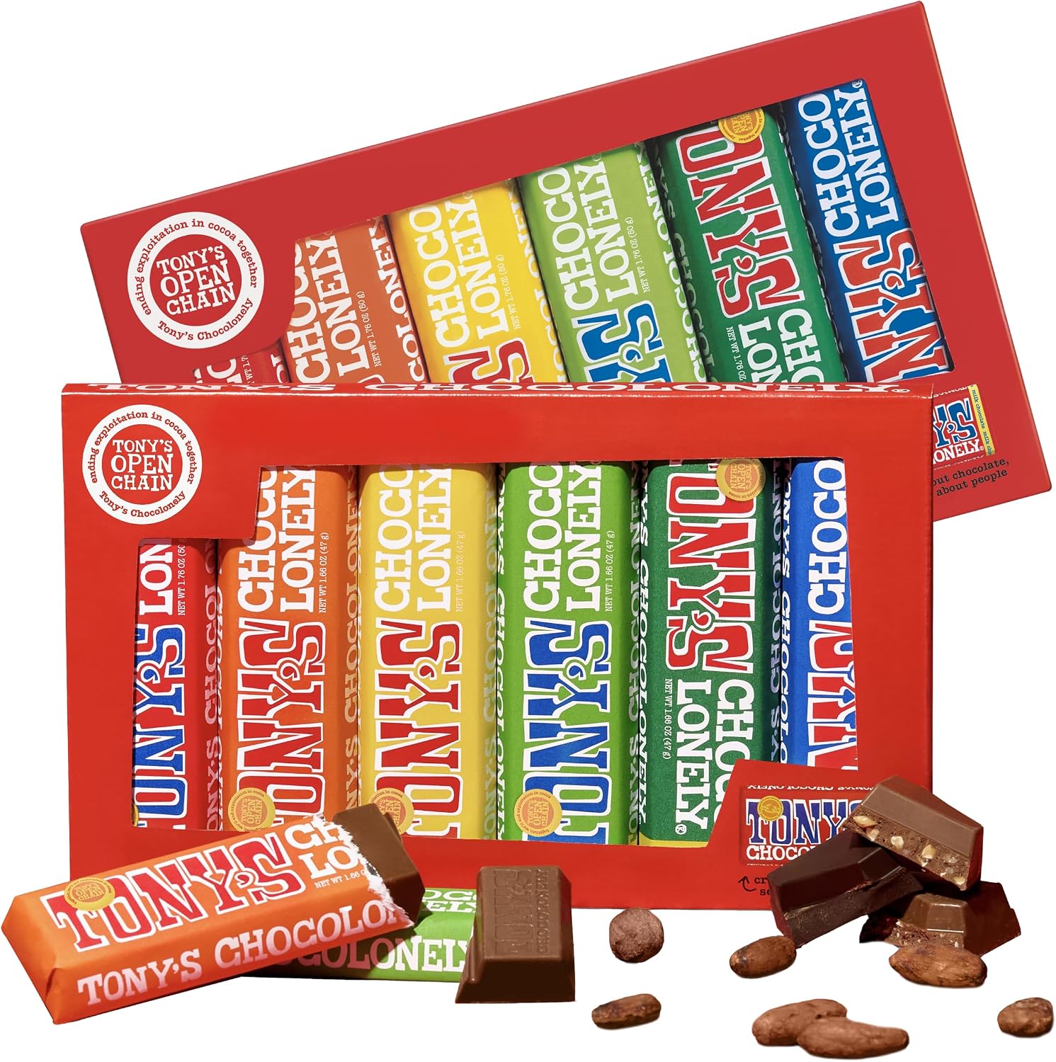 Tony's Chocolonely Rainbow Chocolate Candy Bar Variety Pack front view of the colorful box packaging.