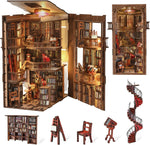 CCCDF Book Nook Kit Abbey Library front view showing illuminated miniature wooden bookshelf insert