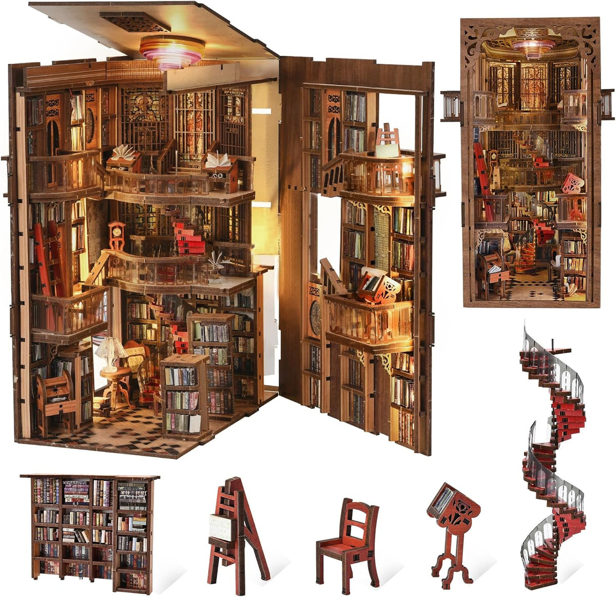 CCCDF Book Nook Kit Abbey Library front view showing illuminated miniature wooden bookshelf insert