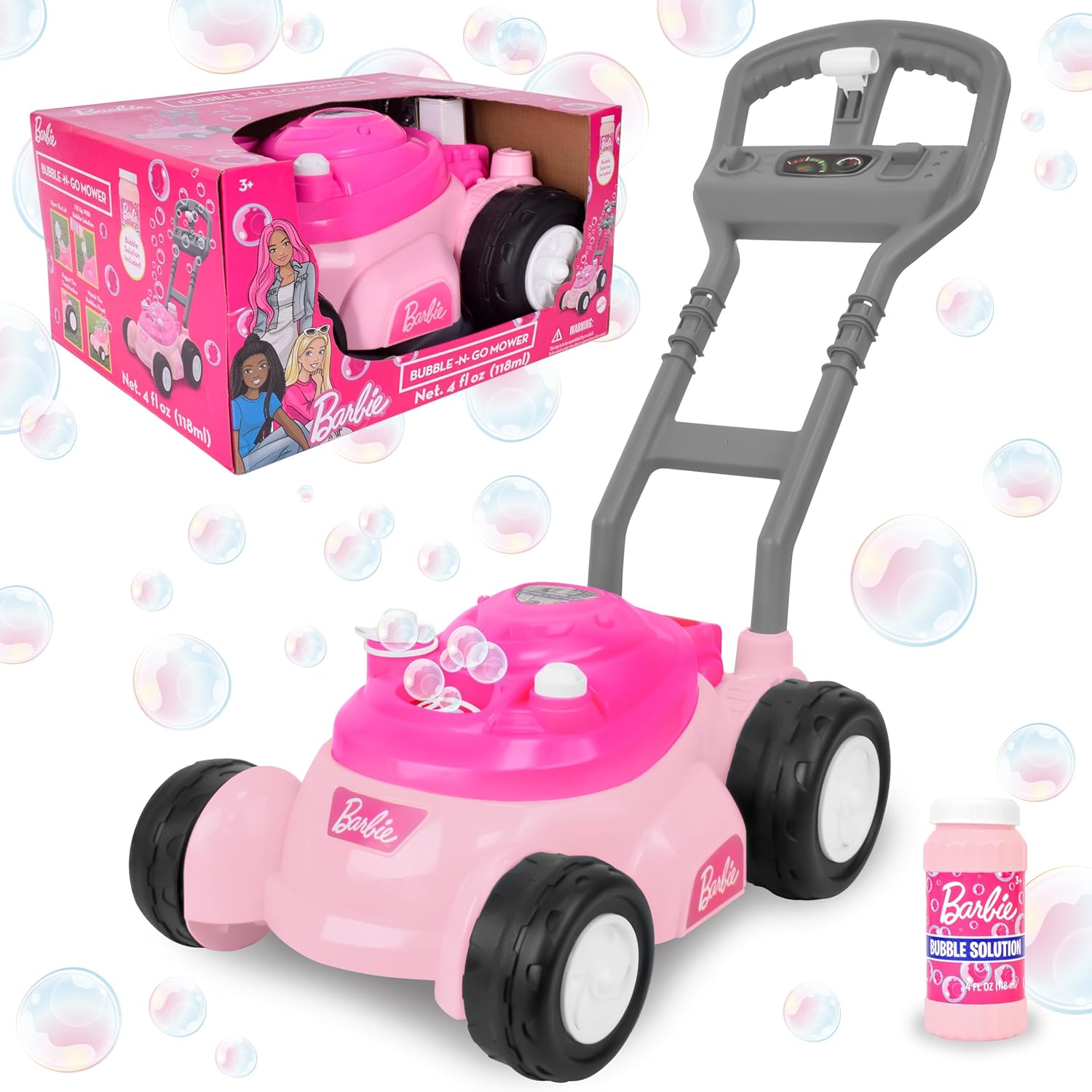 Barbie Bubble Lawn Mower front view of pink toddler toy