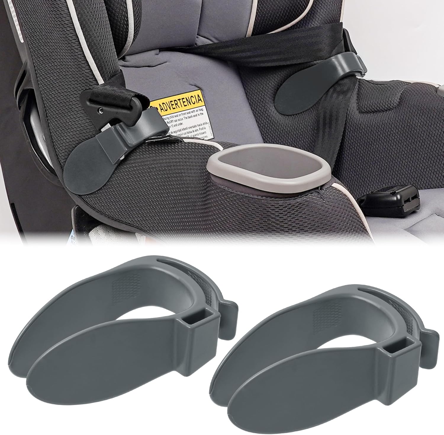 Doytn car seat strap organizer clip front view in grey plastic holding a child harness strap apart.