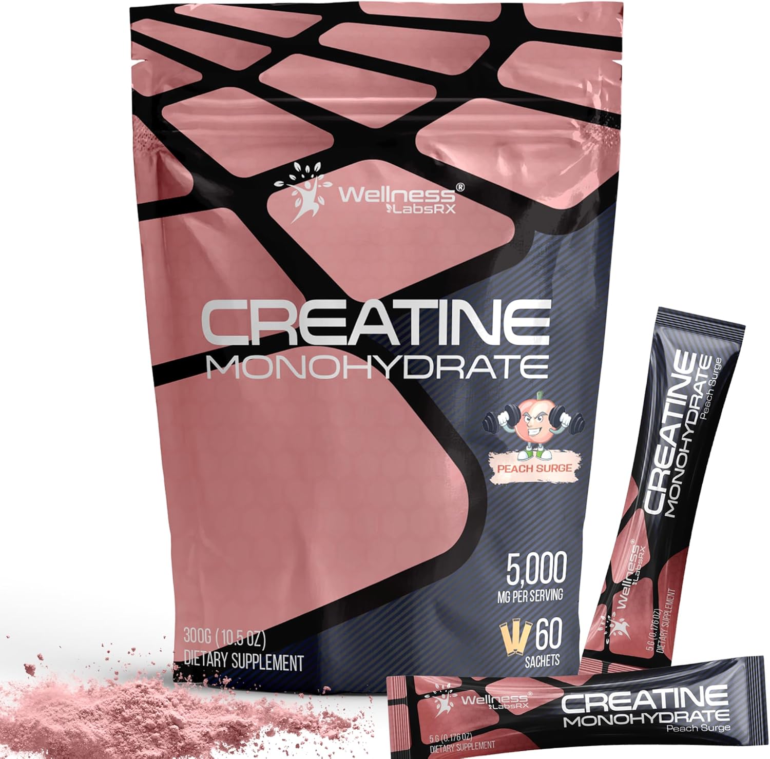 WELLNESS LABSRX Creatine Monohydrate Powder Sachets 300g - Peach Flavor Micronized Creatine Powder Supplement, Creatine for Women and Men, Supports Muscle Strength, Energy, Performance - 60 Servings - Image 1