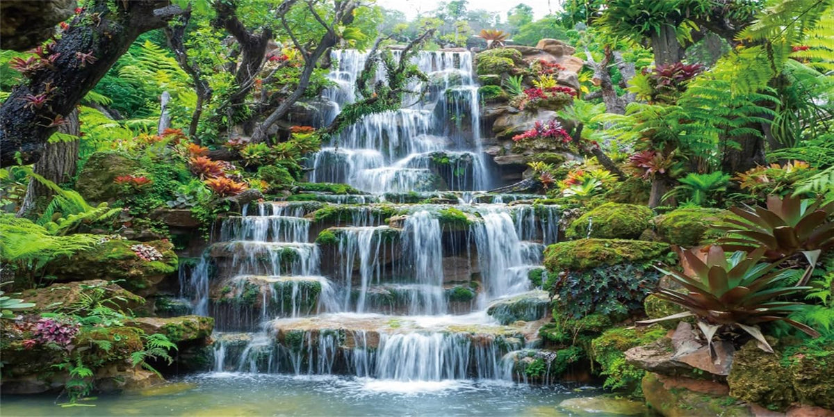 AWERT waterfall aquarium background front view showing vibrant green tropical forest park design