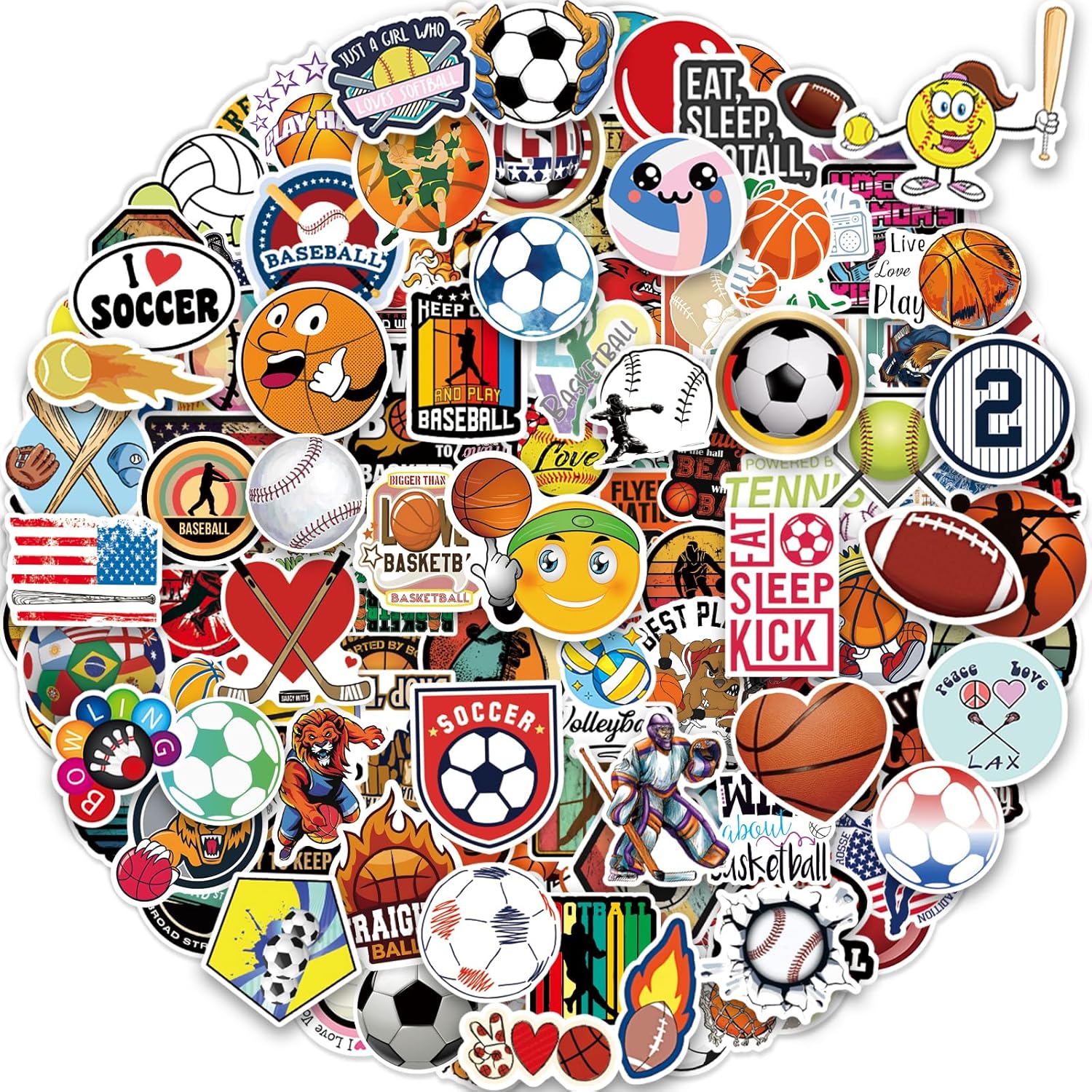 Pcnearty 300 Pieces Sports Stickers bulk pack front view showcasing various athletic vinyl designs.