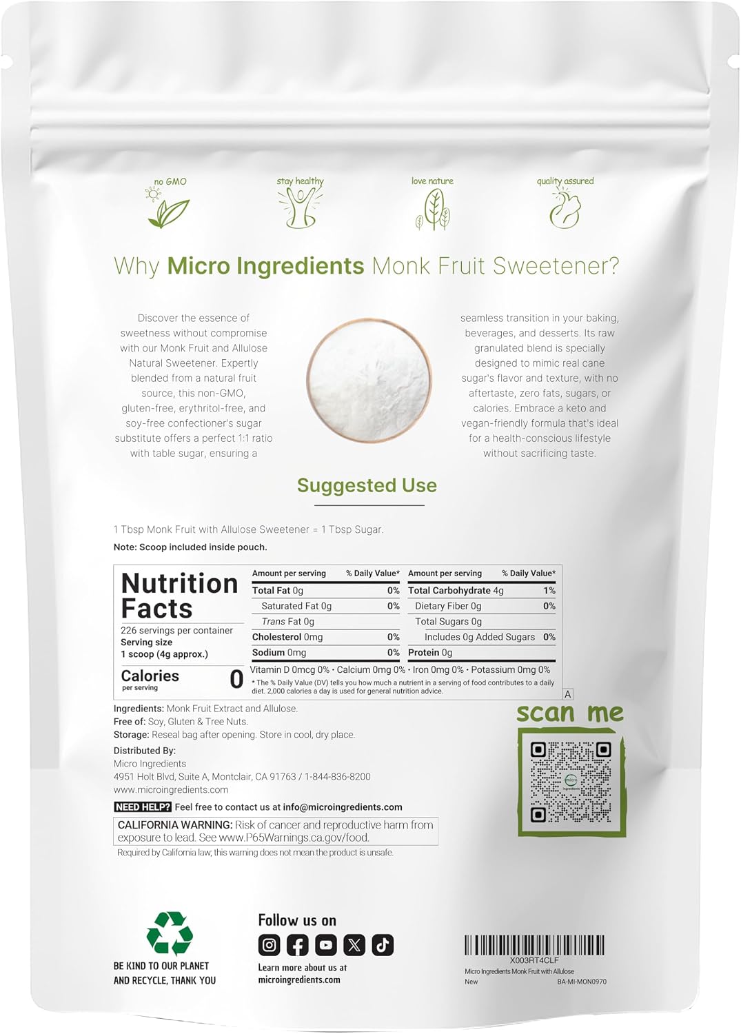 Micro Ingredients 2 lbs allulose sweetener nutrition facts label