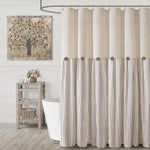 Awellife farmhouse linen button shower curtain front view showing beige fabric and brown stripes.