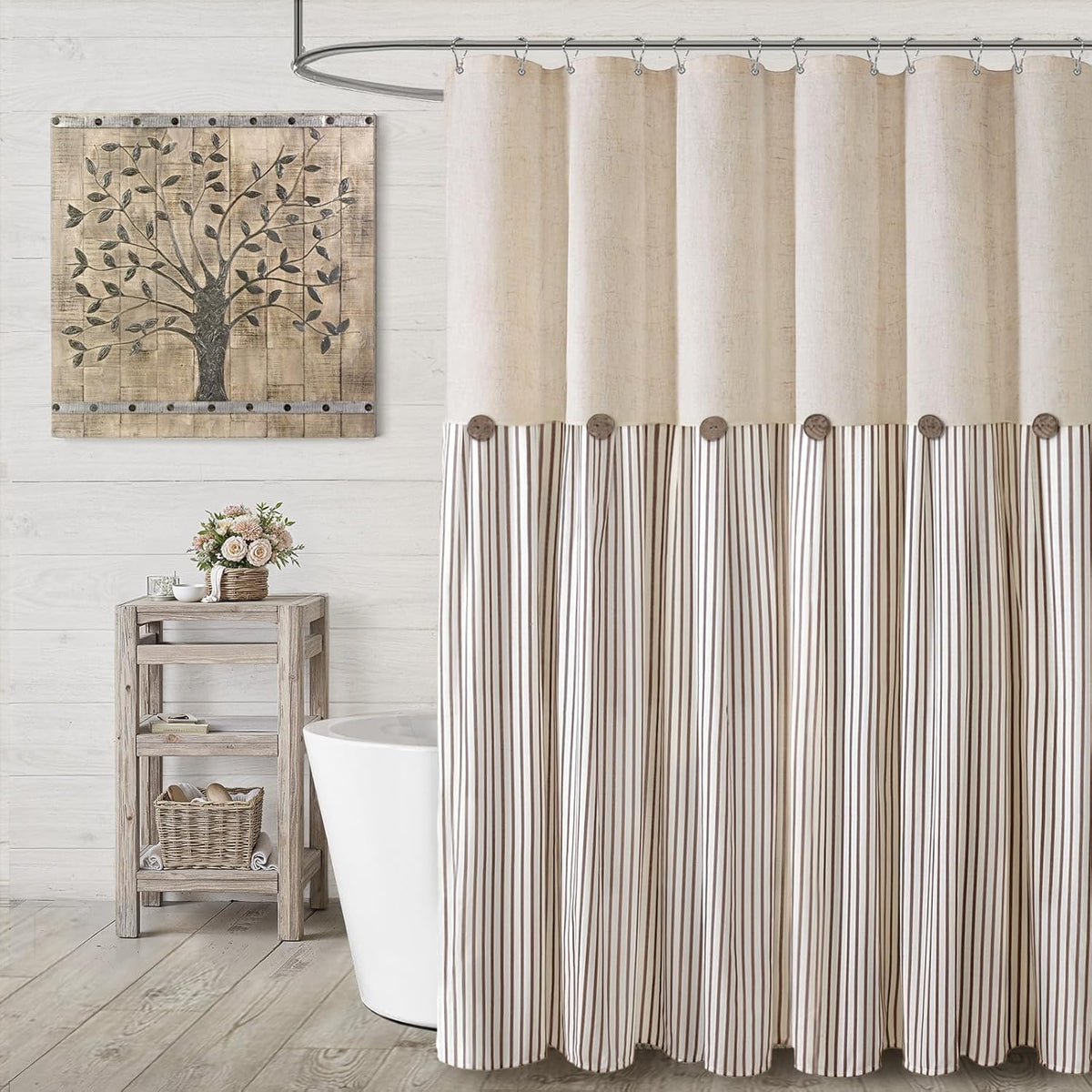 Awellife farmhouse linen button shower curtain front view showing beige fabric and brown stripes.