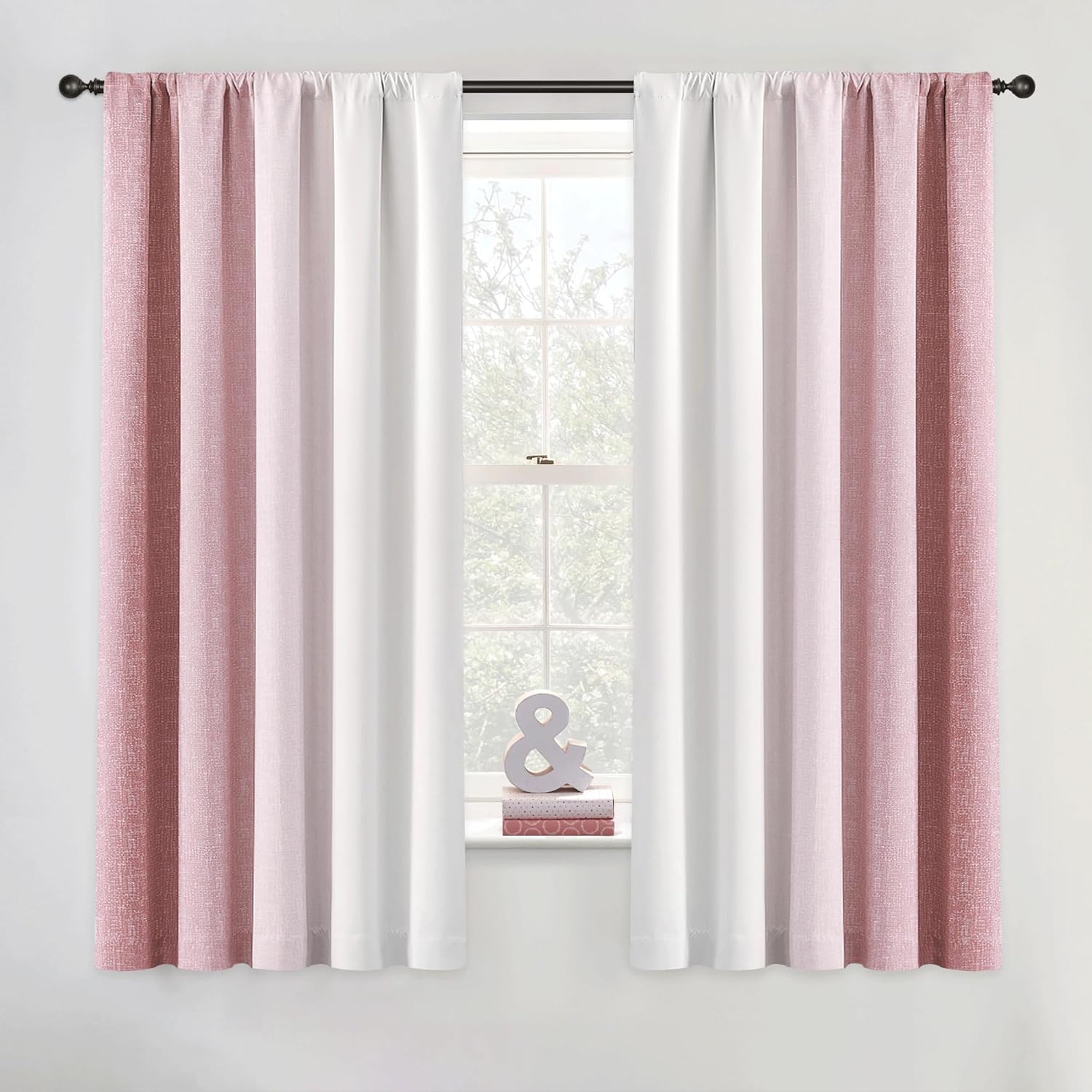 Geomoroccan ombre blackout curtains front view showing pink white gradient pattern