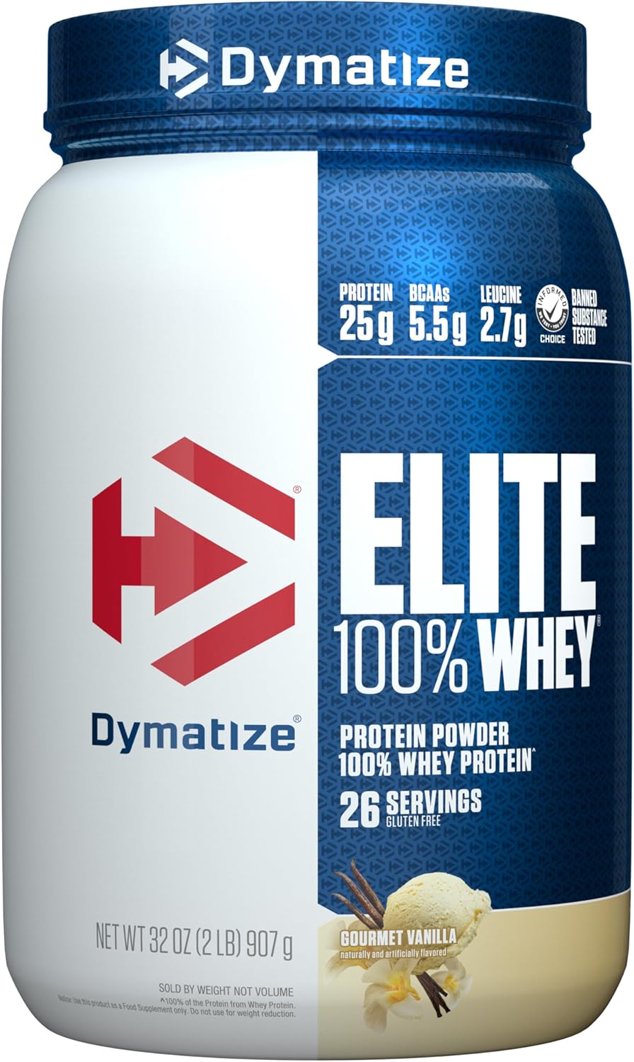 Dymatize Elite 100 Percent Whey Protein Gourmet Vanilla tub front view