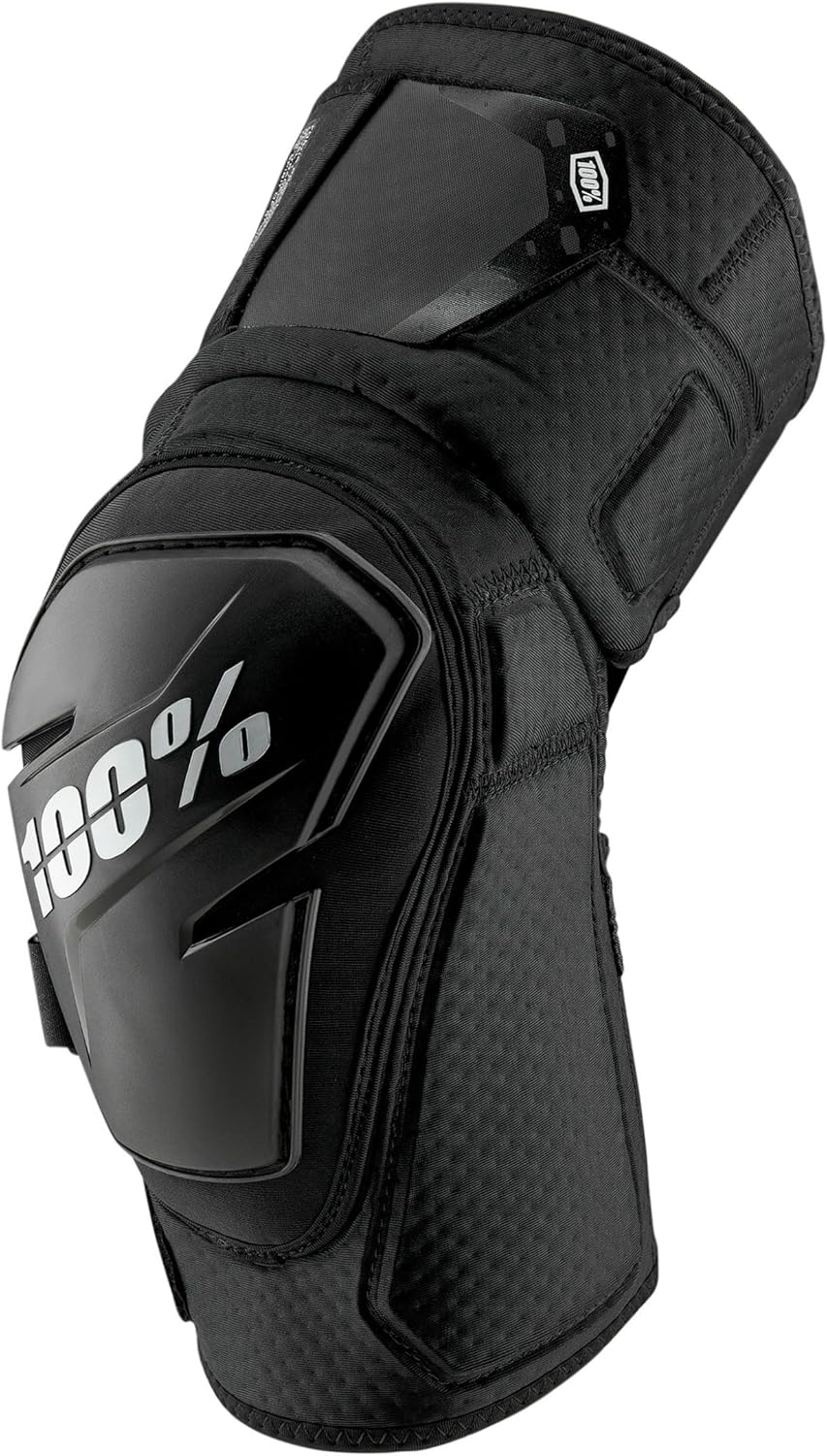 100% Fortis Mountain Biking Knee Pad front view showcasing the black hard plastic protective shell and adjustable straps.
