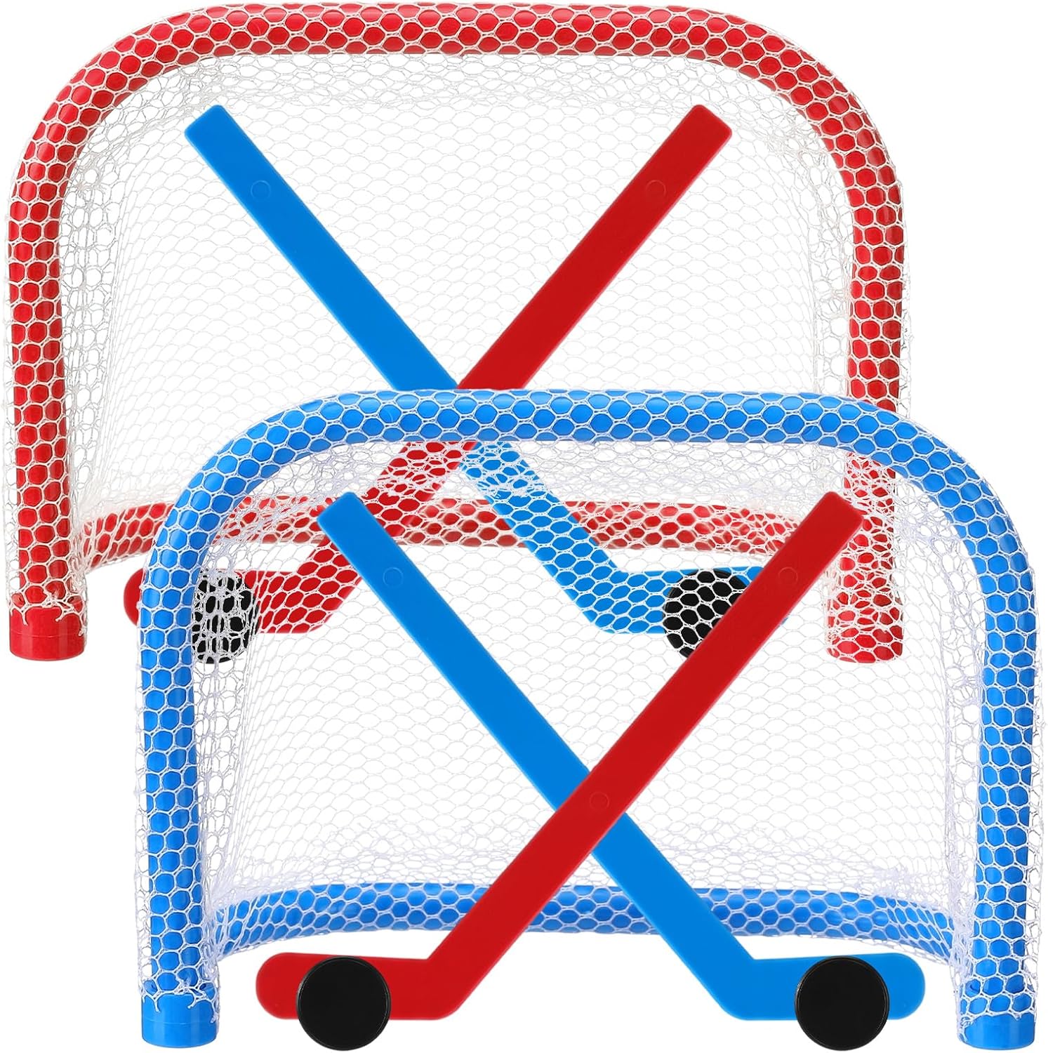 JolliLudo mini tabletop hockey game set front view showing goals and sticks