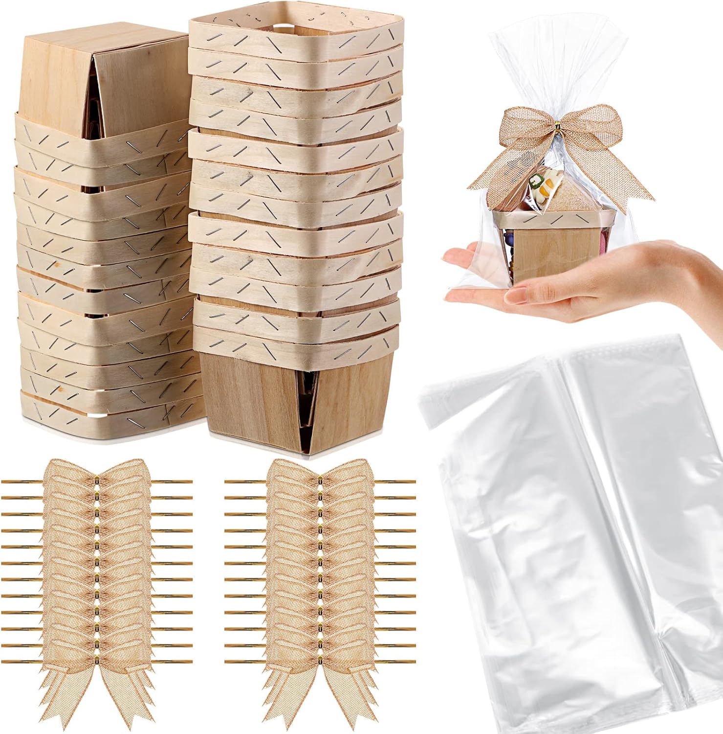 Kigley 24 Set Mini Wooden Gift Baskets front view showing rustic style with cellophane bags and bows.