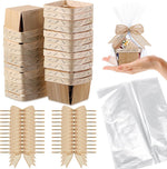 Kigley 24 Set Mini Wooden Gift Baskets front view showing rustic style with cellophane bags and bows.
