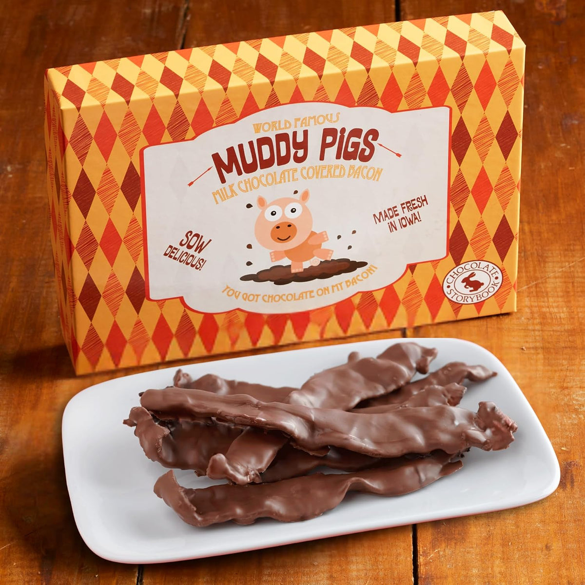 Artisan milk chocolate coated hickory smoked bacon strips