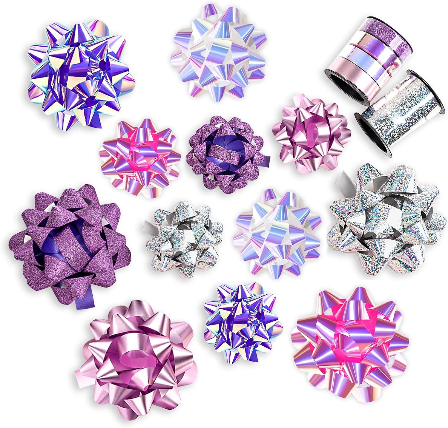 Wrapaholic 14 piece gift bow assortment front view in clear protective packaging box showing multi colored bows