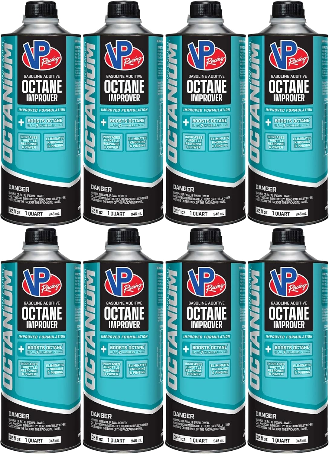 VP Racing 29505 Octanium Unleaded Octane Booster 8 Pack front view showing the product packaging.