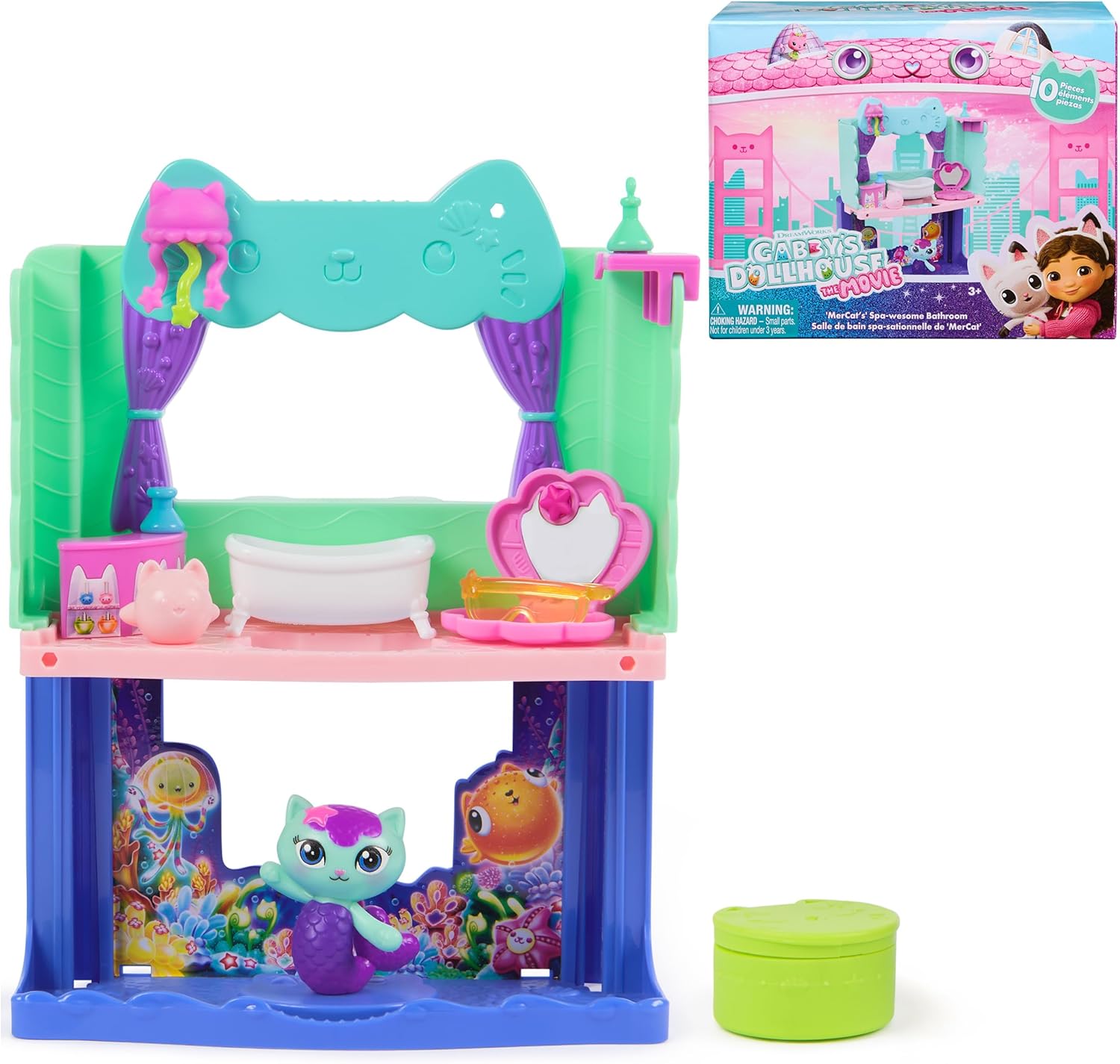 DreamWorks Gabby's Dollhouse MerCat's Spa-wesome Bathroom Playset packaging front view showing toy figures and accessories