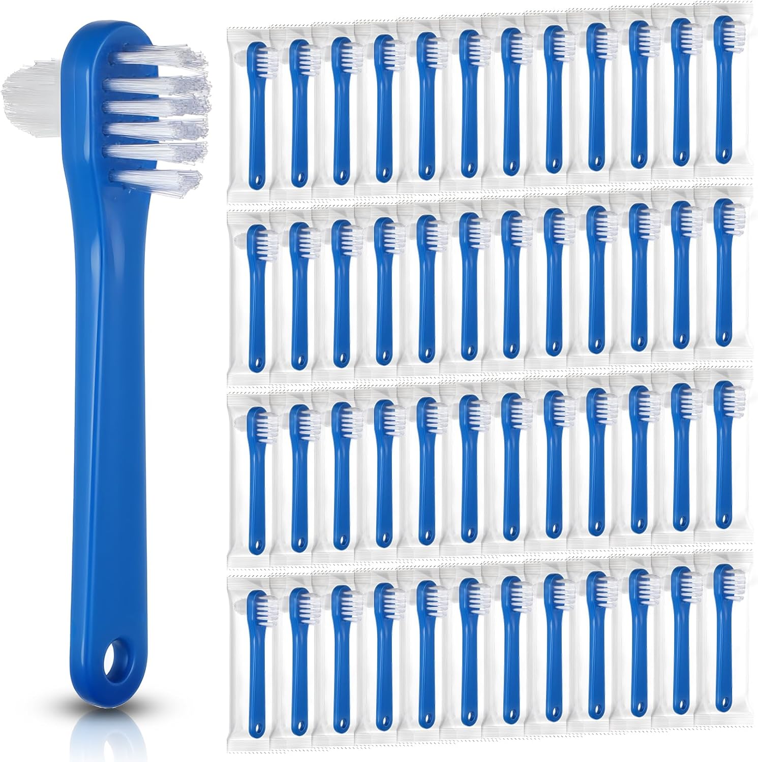 50 Pcs Denture Brush Bulk, Dual Head Firm Hard Bristle Denture Toothbrush Portable Individually Blue Dentures Cleaner Brush for False Teeth, Mouth Guards, Clear Braces - Image 1