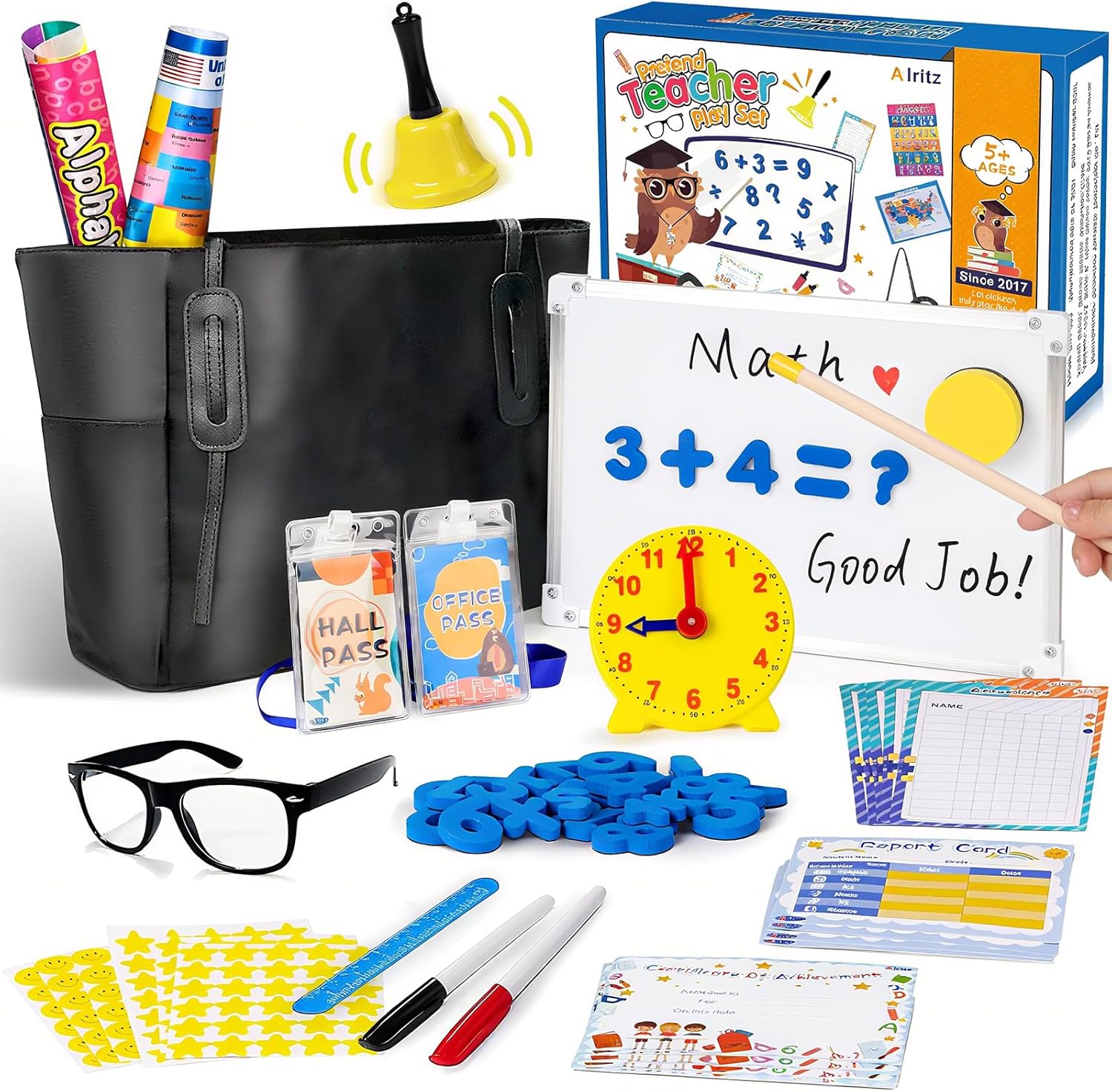 Alritz Pretend Play Teacher Set front view showing the reusable whiteboard and learning clock.