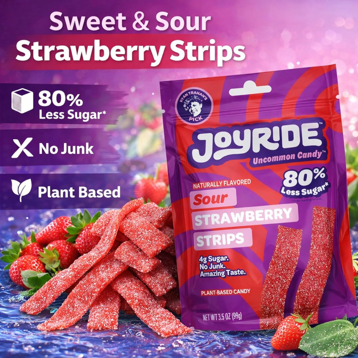 Back of plant based strawberry gummy candy bag showing nutritional facts and ingredients
