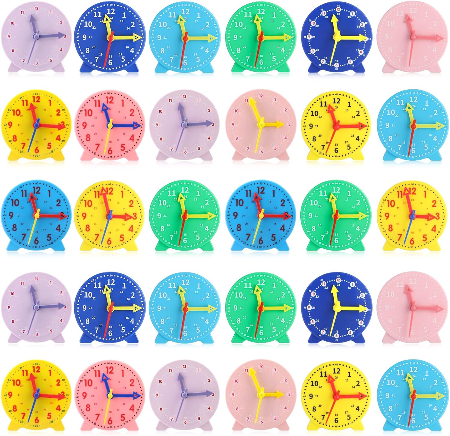 Libima 30 Pieces Tell Time Teaching Clock Kit front view showing colorful mini geared clocks.