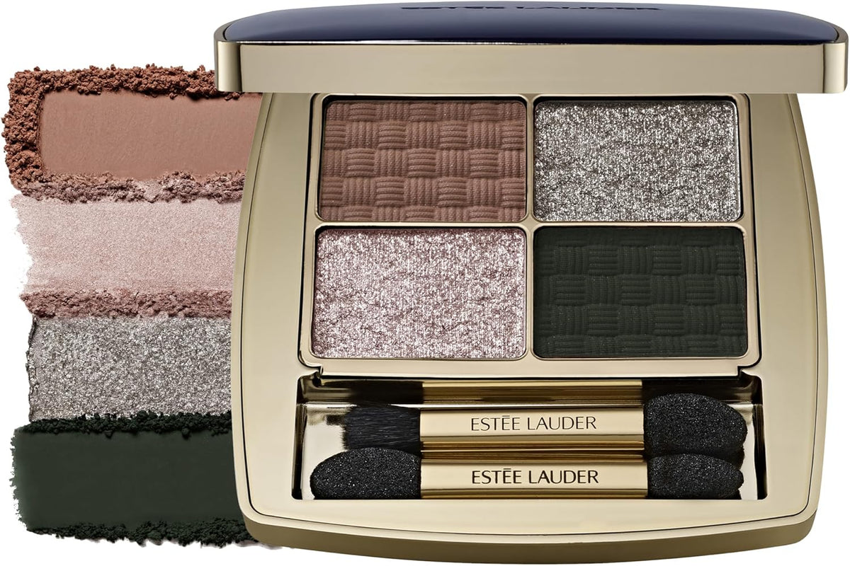 Side view of the slim travel-friendly Estée Lauder gold eyeshadow quad luxury makeup compact