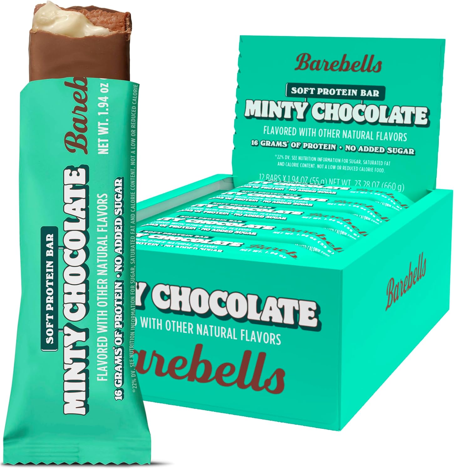 Barebells Soft Protein Bars Minty Chocolate 12 count front packaging view showing authentic imported nutrition bars.