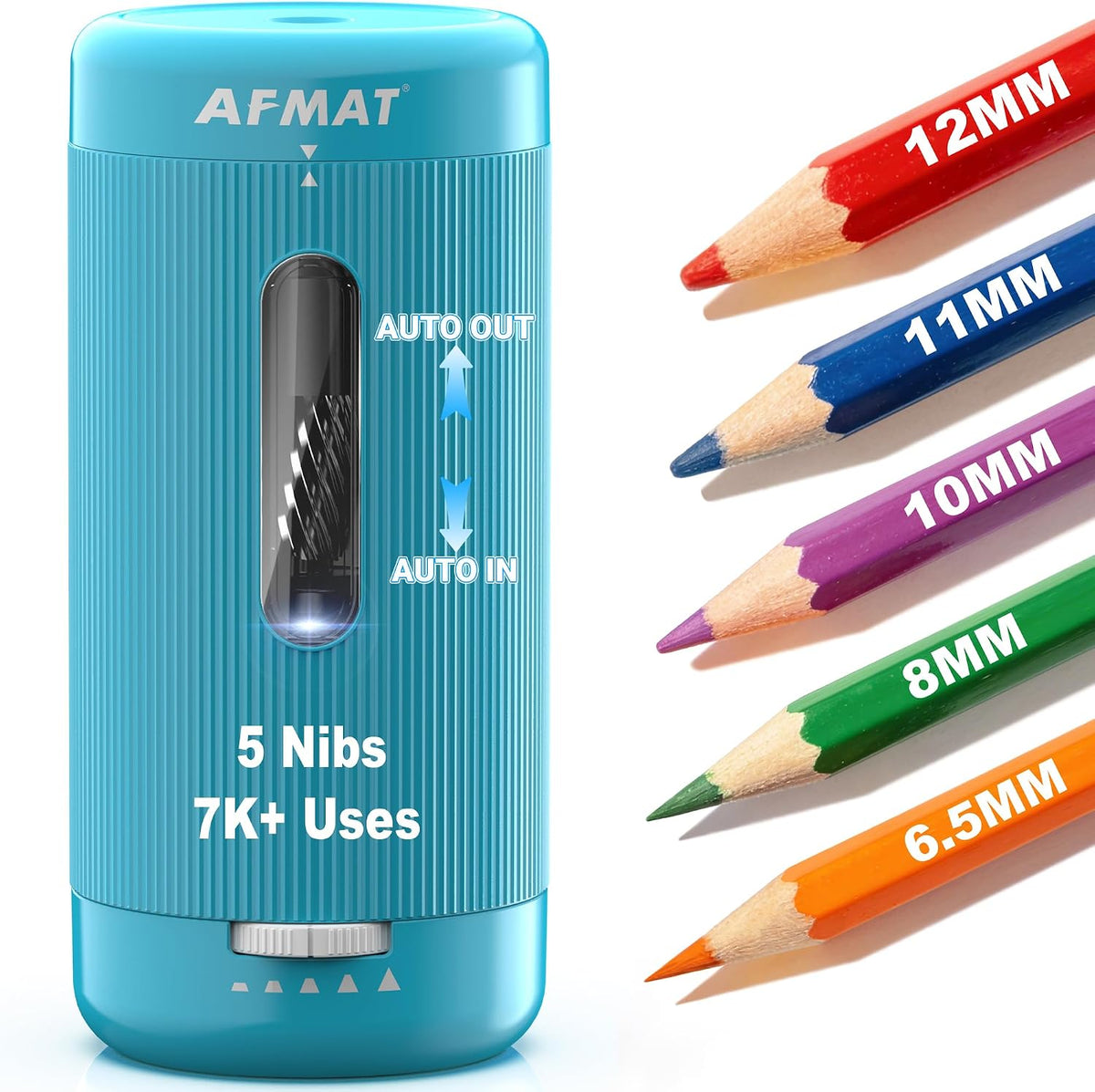 AFMAT Electric Pencil Sharpener, Auto in & Out, 5 Nibs, 7K+ Uses, Fully Automatic Pencil Sharpener for Classroom, Rechargeable Hands-Free Sharpeners for Jumbo/Colored Pencils (6.5-12mm) PSC3(Black) - Image 11