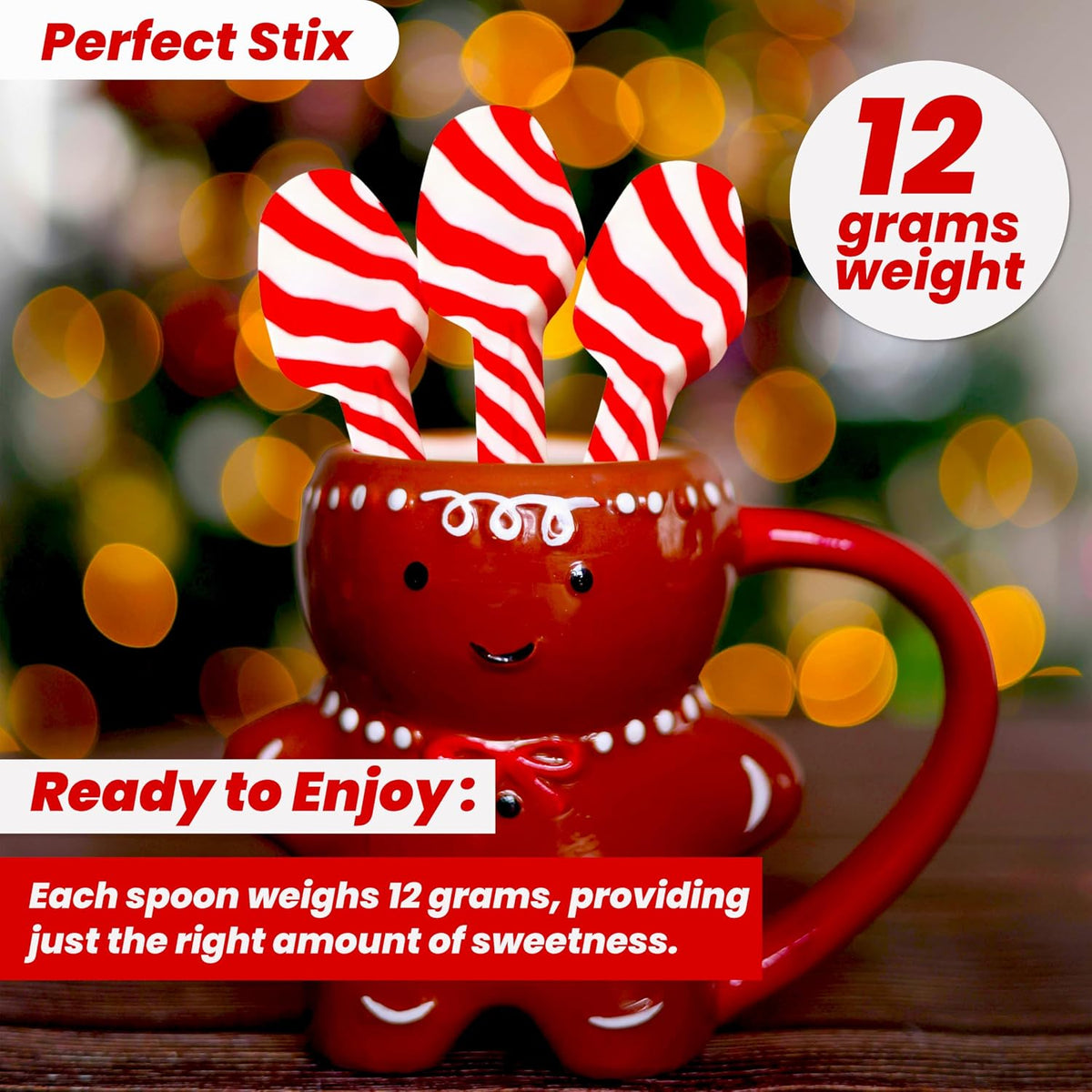 Perfect Stix Christmas cocoa spoons arranged next to a warm coffee cup
