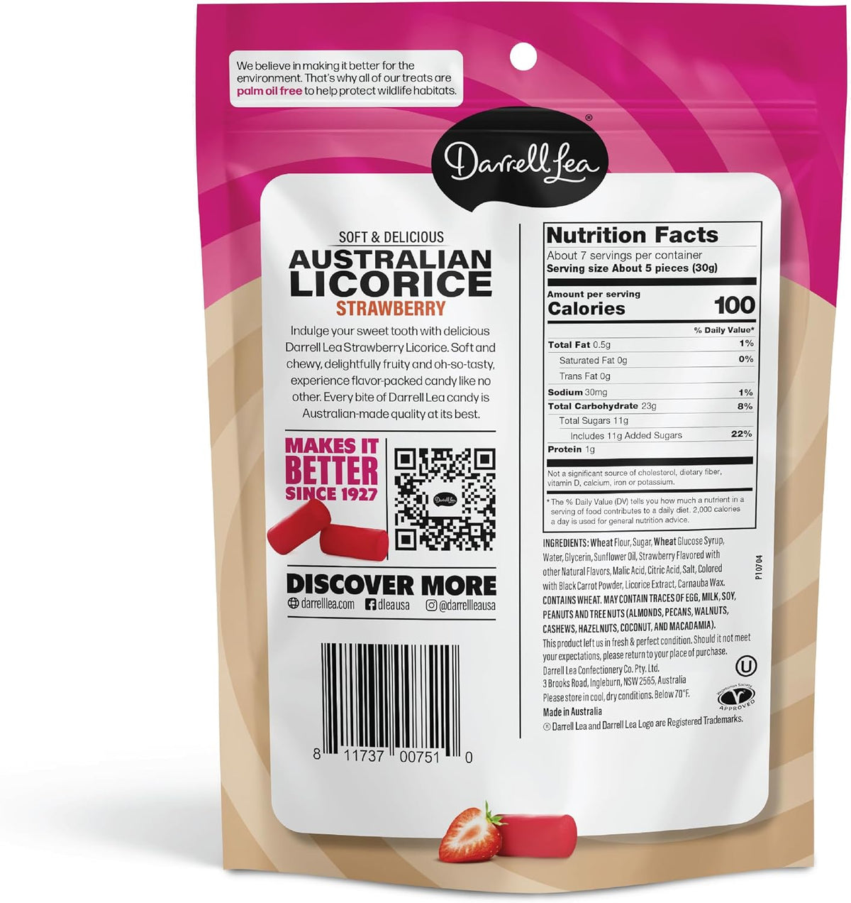 Darrell Lea strawberry licorice plant based chewy candy pieces
