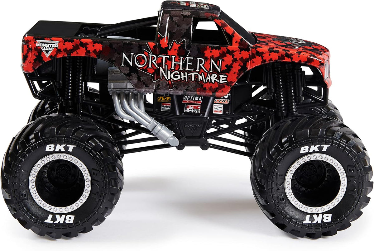 Top angle view of Northern Nightmare monster truck showcasing maple leaf graphics
