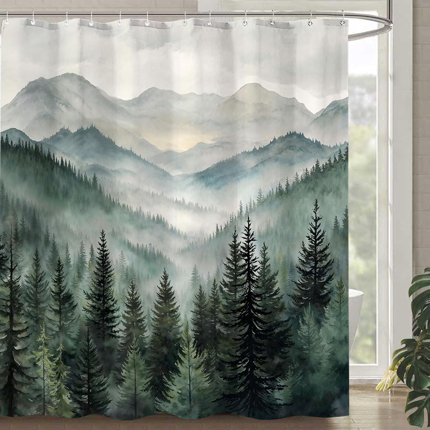 Accnicc Forest Mountain Shower Curtain front view showing dark green misty pine tree watercolor design hanging in bathroom