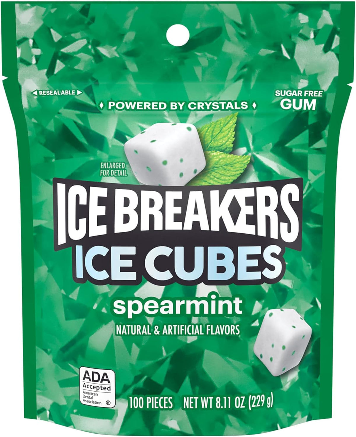 Sugar free spearmint gum cubes with cooling crystals for fresh breath