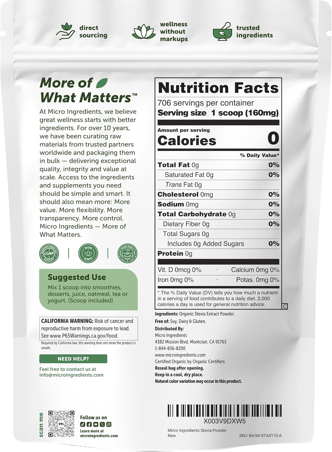 Micro Ingredients organic stevia extract jar packaging details